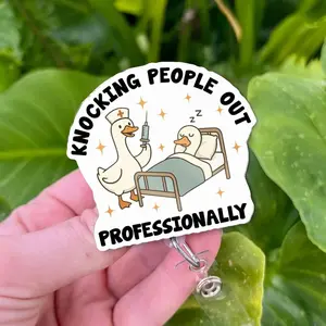 Acrylic Material ID Badge Reel - Professional "Knocking People Out" Anesthesia Holder, CRNA Nurse Gift, Belt or Alligator Clip