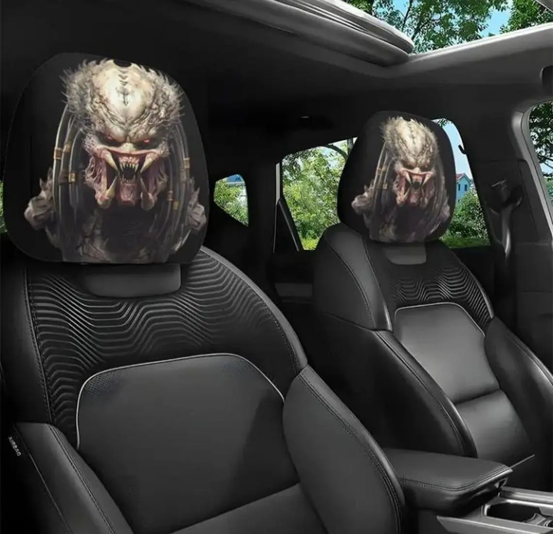 (1pc) Predator Inspired Car Headrest Cover – Alien Hunter Theme Universal Vehicle Headrest Protectors, Horror Sci-Fi Auto Interior Accessories, Gift for Movie Fans