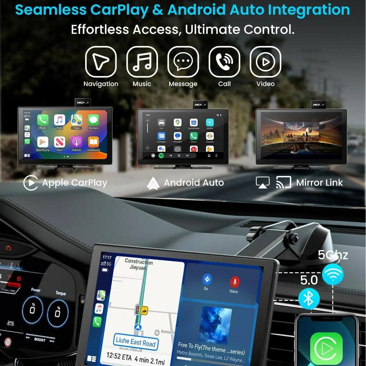 WHATOOK 9 inch Portable Wireless Carplay with 1080p Backup Camera GPS Navigation Mirror Link Voice Control Bluetooth Car Stereo Upgrade