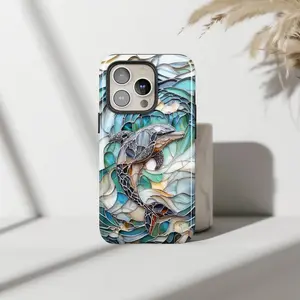 Stained Glass Dolphin Phone Case, Artistic Look Polycarbonate Accessory - Customized Durable Ocean Blue Mosaic Art Cover for iPhone 15,14,13,12,11,X Pro Max Plus - Summer Beach Vibe Gift
