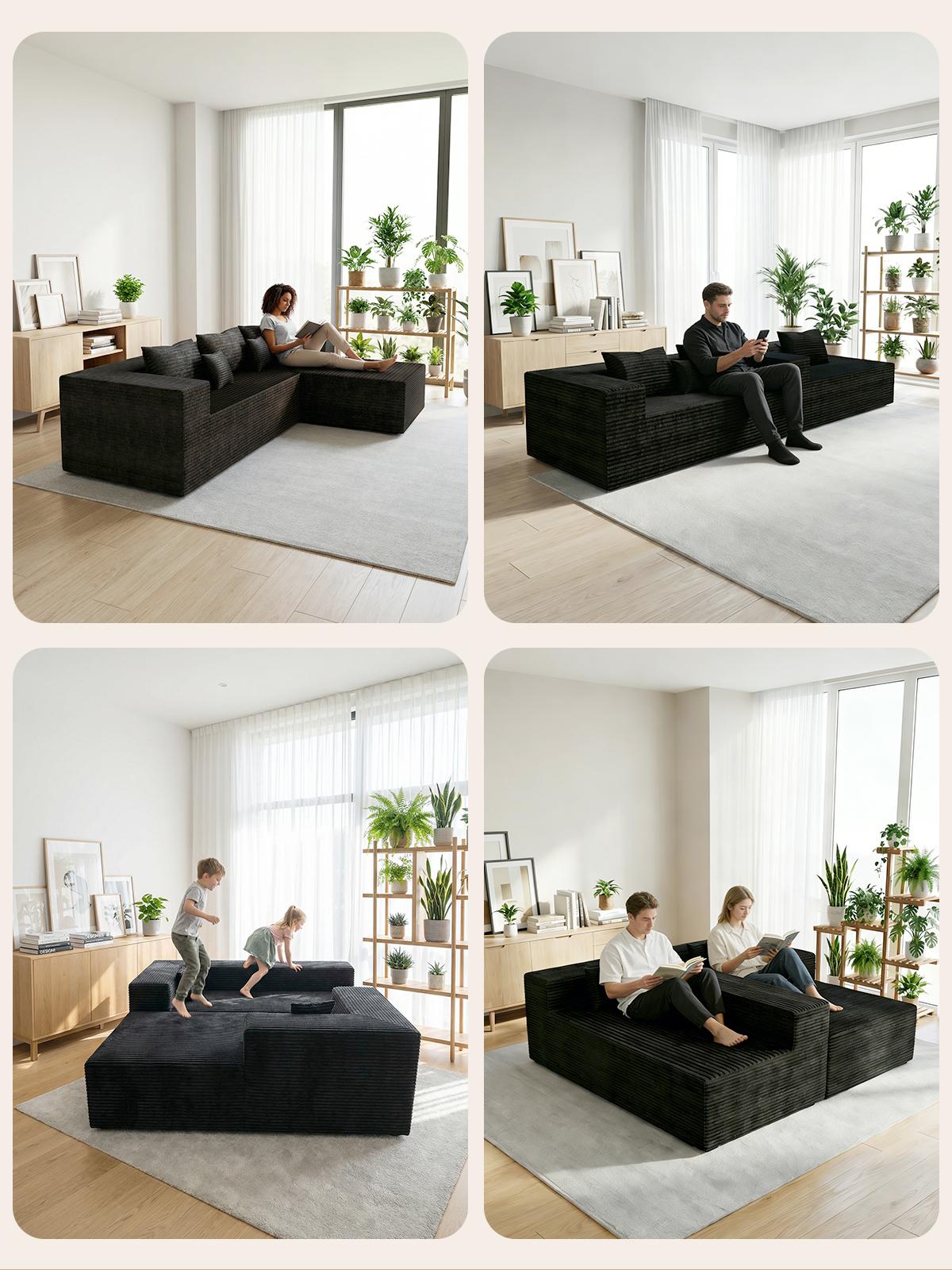 Extra-large L-shaped sofa with chaise lounge, minimalist design with a compact frame, no assembly required, modular cloud-style sectional sofa, 105 inches, suitable for living room and bedroom (Black)