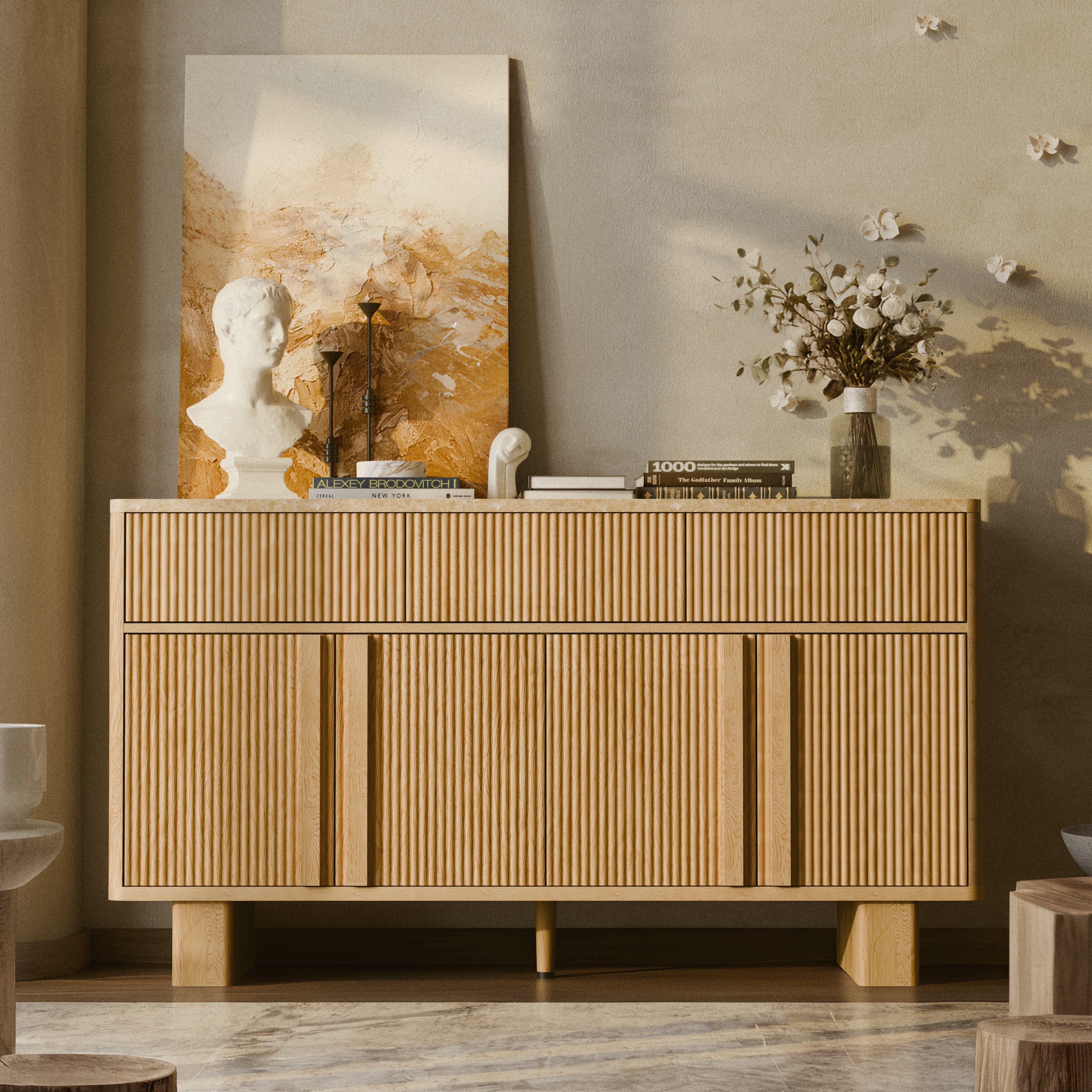 Modern Buffet Cabinet with Storage, 55" Wide Sideboard Cabinet with 3 Drawers and 4 Doors, Reinforced Wide Legs for Dining Room, Entryway & Living Room, Light Oak