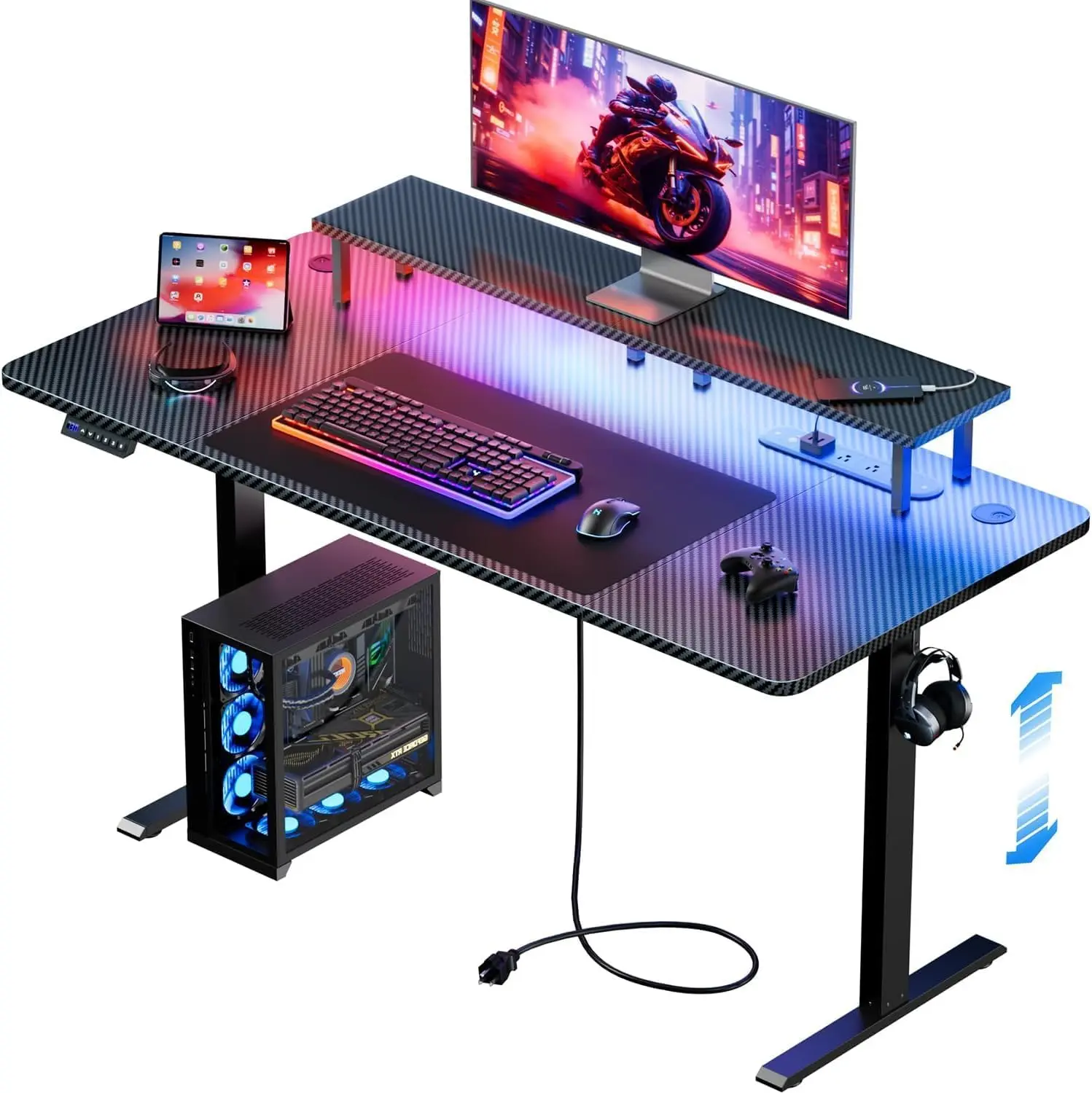 Ecofurnix Electric Height-Adjustable Gaming Desk (63/55/47 in) - LED Lights, Power Outlet, Monitor Stand, Ergonomic Setup for Home Office, Black (Summerwins) [Adjustable Standing Desks], Gaming Desk Setup