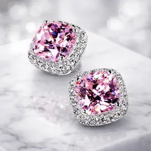 Pink Cushion Cut Halo Cubic Zirconia Stud Earrings- Quiet Luxury Trendy It Girl Ins Aesthetic Glamorous Statement Jewelry Accessories for Women Valentines Gifts for gf