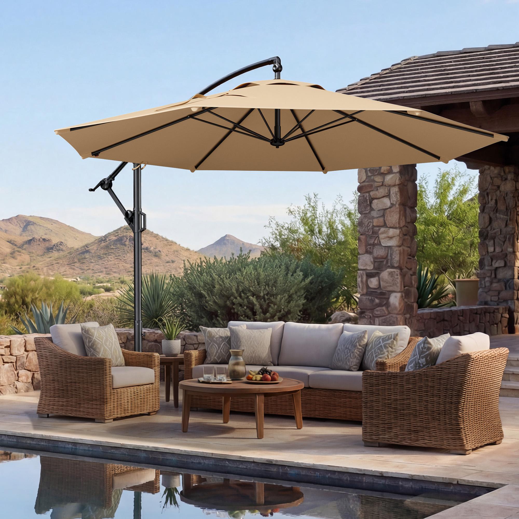 【Spring Sale】10ft Solar Outdoor Patio Umbrella, UPF50+ UVOutdoor Table Umbrella, Yard Umbrella, Market Umbrella with 8 Sturdy Ribs, Push Button Tilt and Crank- with Base