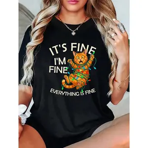 100% Cotton Unisex Funny Orange Cat Christmas Light “It’s Fine, I’m Fine” Xmas T-Shirt – Stay Humble, Stay Kind T-Shirt – Casual Daily Outfit