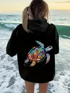 Women's Sea Plants & Turtle Print Drawstring Pocket Thermal Lined Hoodie, Casual Long Sleeve Hooded Sweatshirt for Fall & Winter, Fashion Ladies' Clothes for Daily Wear