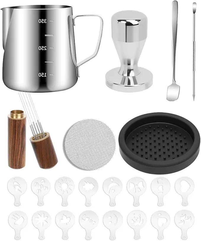 51/53mm Coffee Station Accessories Home Coffee Tool Kit, 350ml Milk Frothing Pitcher, Espresso Tamper, WDT Tool, Puck Screen, Dessert Spoons, Tamper Mat, Latte Art Pen, 16 PCS Decorating Stencils