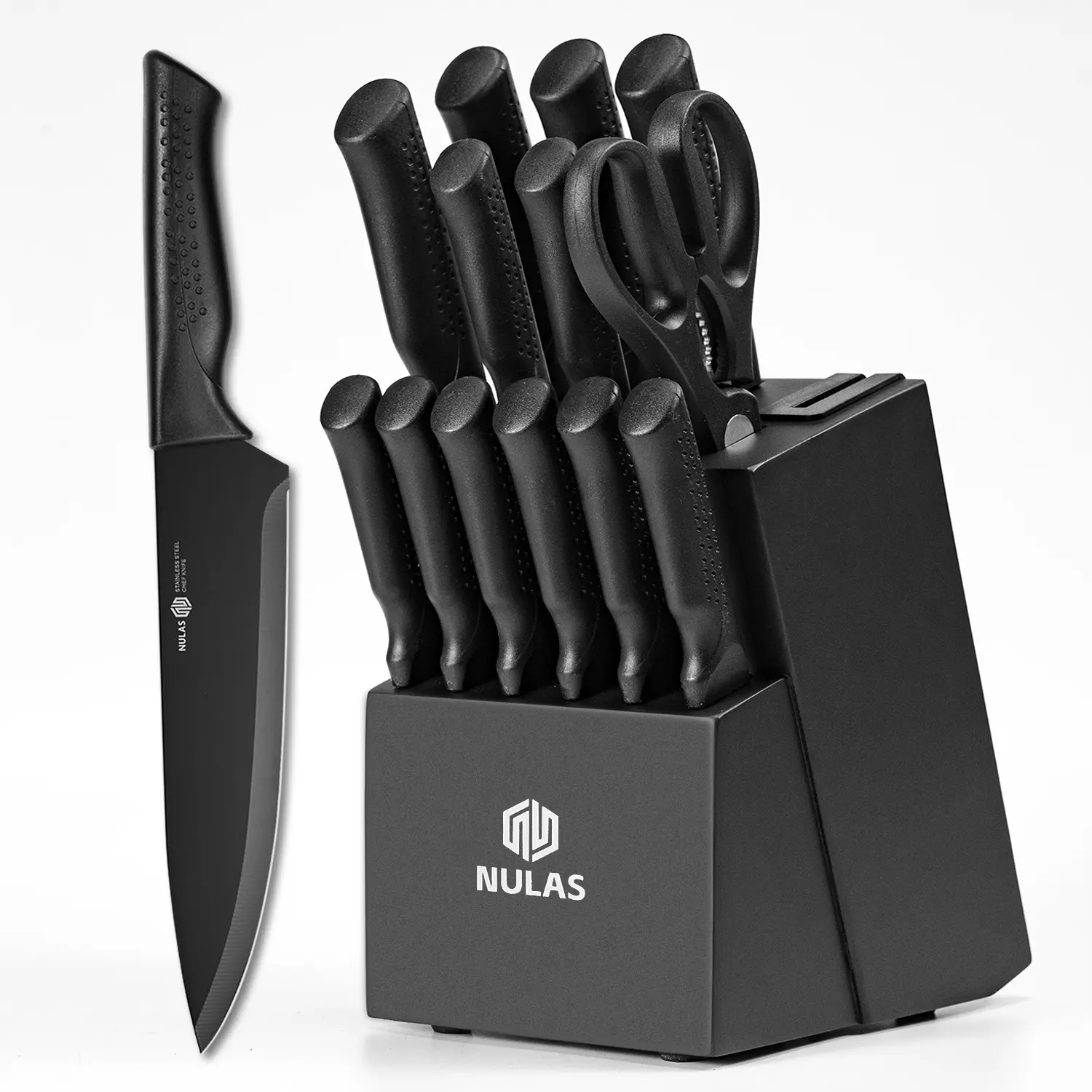 NULAS Knife Set, 14 Pcs Kitchen Knife Set with Block Self Sharpening, Dishwasher Safe, 6 Steak Knives, Anti-slip handle, Black