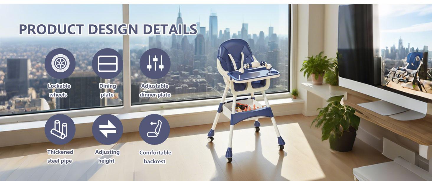 Portable High Chair for Babies and Toddlers with Lock Wheels, Multi-Use Easy Clean Baby High Chair, Comfortable Feeding, Large Storage Basket, Stable and Safe Design, Quick Assembly, Removable Seat Cushion