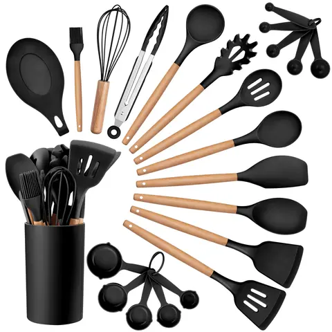 MGKKT 34-Piece Silicone Cooking Utensil Set with Holder - Durable Kitchenware, Heat Resistant, Non-Stick Tools Including Stainless Steel Spatula, Measuring Cups, Cutting Board, Wooden Spoons, Girly Nonstick Handles, Dishwasher-Safe Use, Less Buying