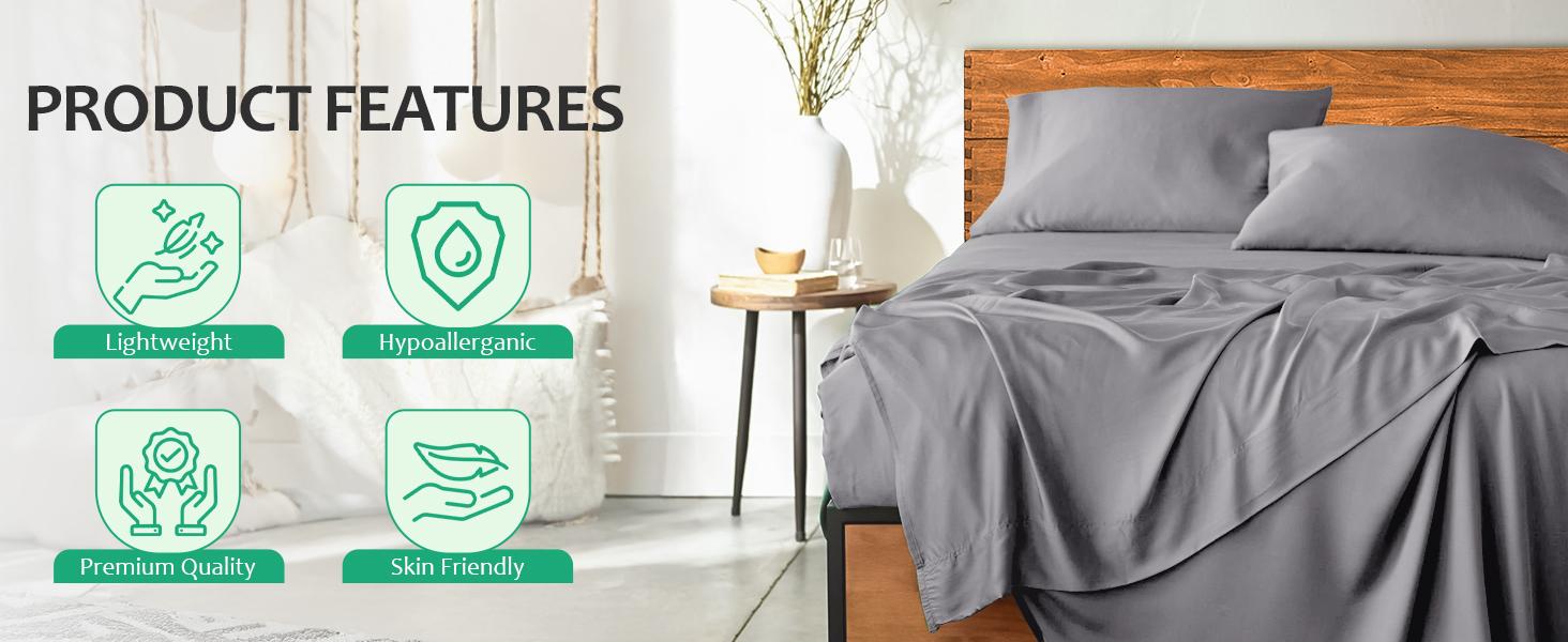 Lux Decor 4pc Bamboo Sheet Set, Cooling Bed Sheet Set, Ultra-Soft Deep Pocket Hotel Style Bedding Set, Wrinkle-Free & Fade Resistant Sheets with Pillowcase, Decorative Bedsheet Sets, Durable Bedding Accessories