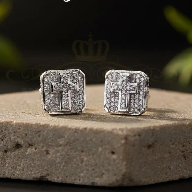 King Of Bling's 925 Sterling White Silver 0.25ct Diamond Women's & Men's Cross Square Earrings