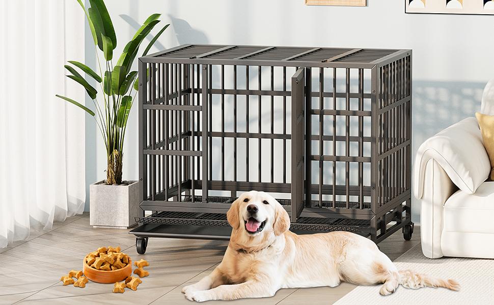 Walsunny 37/47 inch Heavy Duty Steel Dog Crate for Large Dogs with Lockable Wheels and Double Door Design, Escape Proof, Indestructible, Black