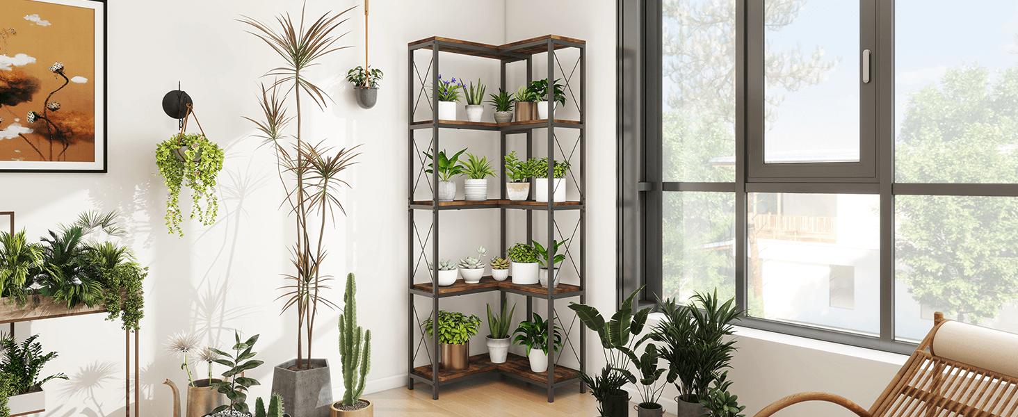 Corner Bookshelf, 5 Tier Industrial Style Design Corner Shelf with Metal Frame and Open Shelves for Living Room, Bedroom, Study, Black  IF153