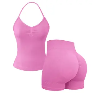 HIJESSE Sports Studio 2-piece Seamless Yoga Set for Women Tight-fitting Vest & Sculpting Shorts Blue Longline Strappy Top Ideal for All Seasons Workouts