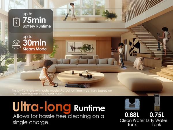 Tineco Floor One S9 Artist Steam Wet Dry Vacuum Cleaner, High-temp Steam Cleaning, 22kPa Suction, 360° SmoothDrive, Anti-Tangle Design, 185°F Flashdry, Long Runtime, 180° Lay-Flat