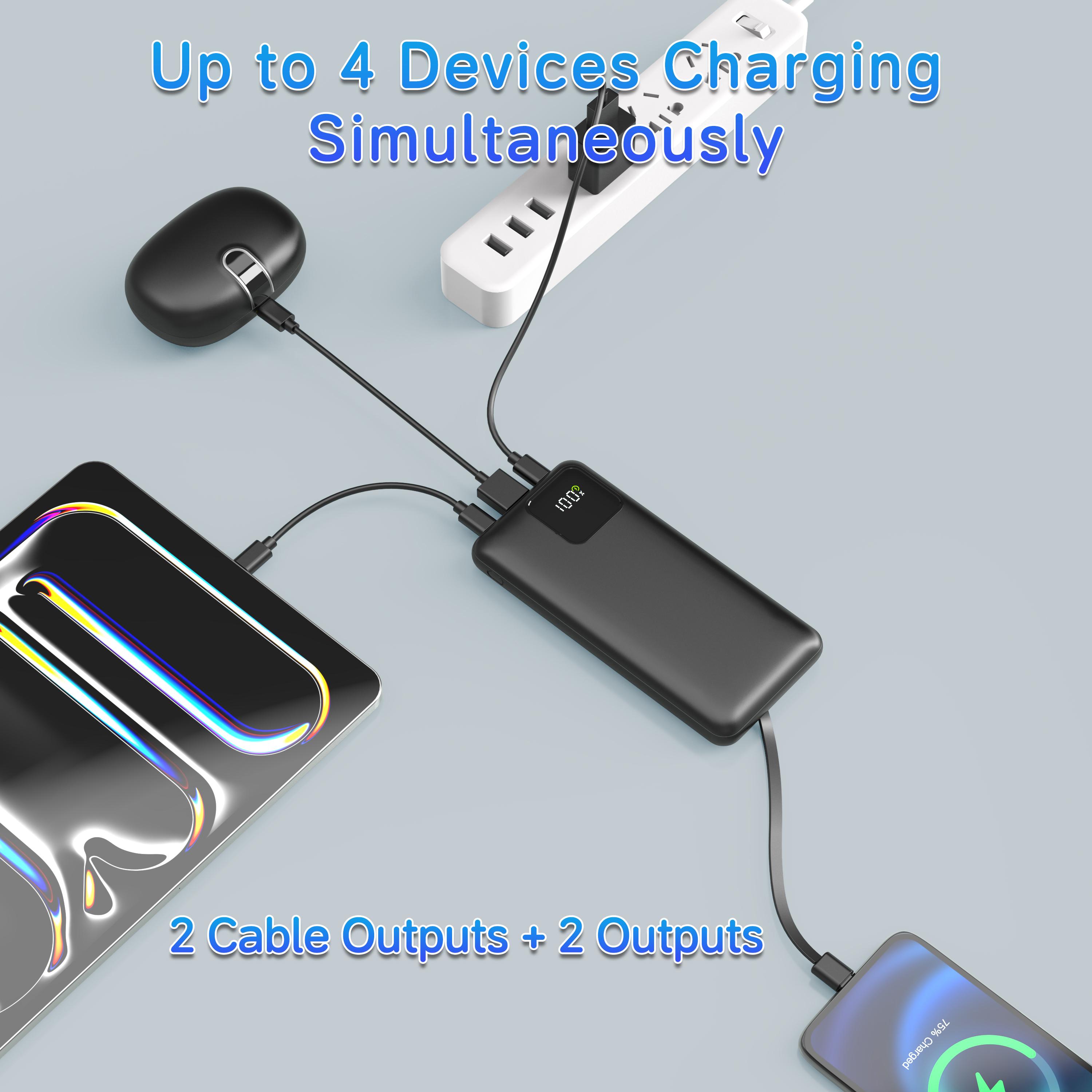 Slim 10000mAh Power Bank with Built-in Cables, 22.5W Fast Charging, Travel-Friendly Portable Charger for iPhone, Samsung, Android & More Smartphone Chargeable