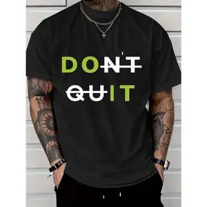 2025 Men's Casual Cotton T-Shirt with Bold DON'T QUIT Motivational Graphic - White Tee, Green & Black Text, Regular Fit Short Sleeve, Machine Washable for Casual Attire & Summer Outdoor Apparel, Cotton T Shirts, Soft Fabric Shirt