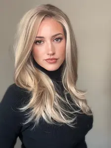 MACA BAKA Hana Layered Highlight Warm Blonde Lace Front Wig Pre Plucked Glueless Low Density 16 Inches Long Natural Wavy Mixed Ombre Blonde HD Synthetic Lace Front Wigs for Women with Scandinavian Hairline
