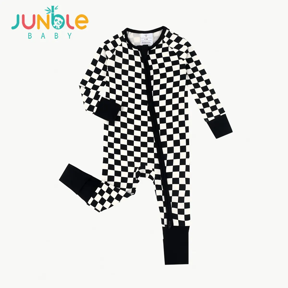 JUNBLEBABY Unisex Bamboo Long Sleeve Romper Suit, Trendy Black White Checker Print Infant Sleepwear with 2-Way Zip & Convertible Footies, Snug-Fitting 0-24M Baby Clothing, All Seasons Pajama Set