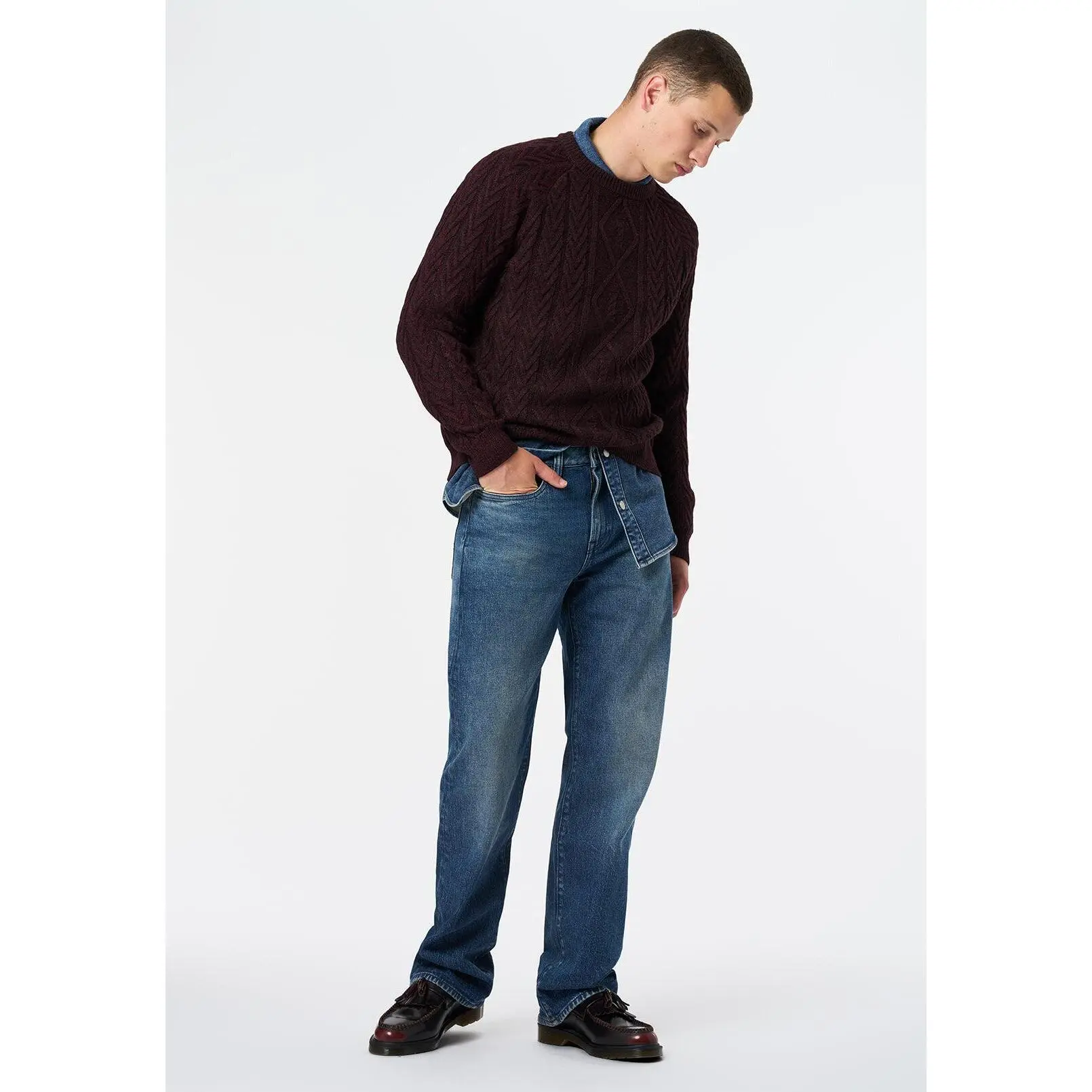 Walder Men's Relaxed Cable Knit Sweater, Maroon Banner - BM24771