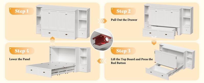 [Ships in 2 Boxes] AMERLIFE Murphy Bed with Bedside Tables, Foldable Cabinet with 3 Storage Drawers & Charging Station, Farmhouse Hideaway Bed for Bedroom/Office/Guest Room