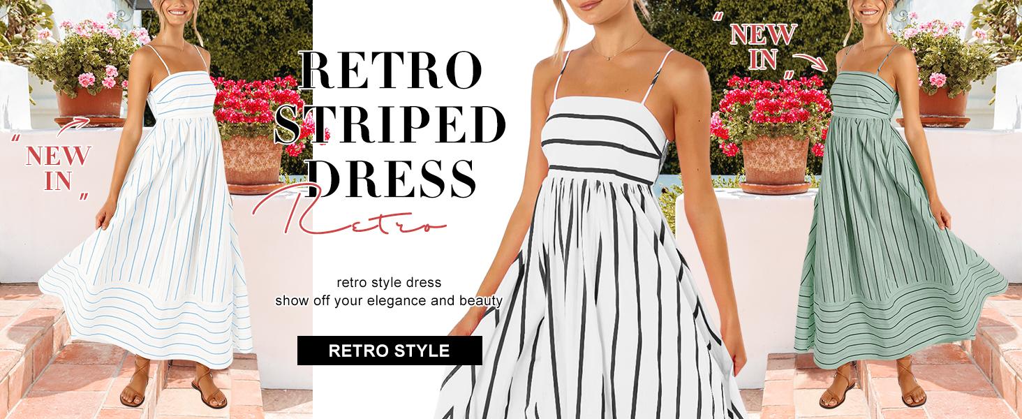 Ebossy Women's Summer Striped Back Smocked Maxi Dress Sleeveless Sexy Spaghetti Strap Cut Out Flowy Swing Long Dress Casual Womenswear