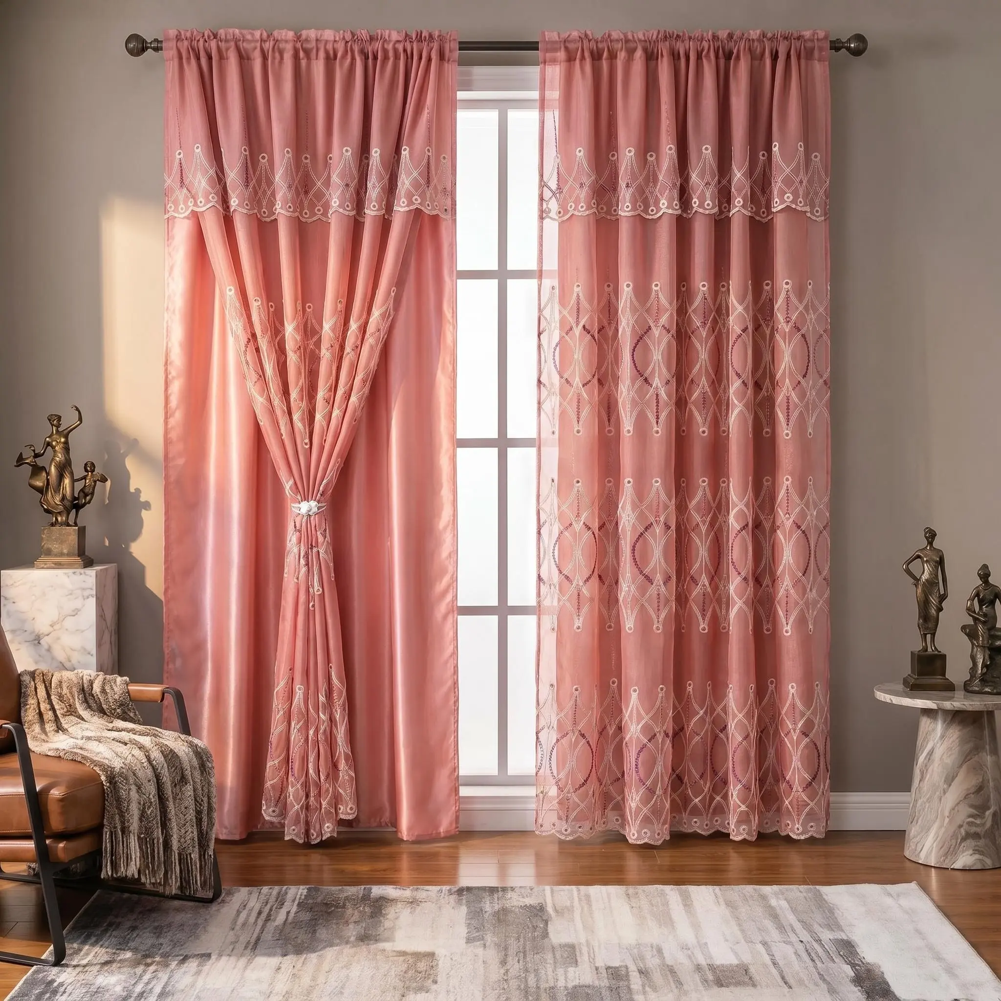 Embroidered Double Layer Curtains 2 Panels Set 52x84 Inch with Matching Valance 52x18, Luxury Vintage European Drapes with Satin Blackout Liner, Classic Rod Pocket Complete Window Treatment, Elegant Decor for Living Room Bedroom Farmhouse QF18