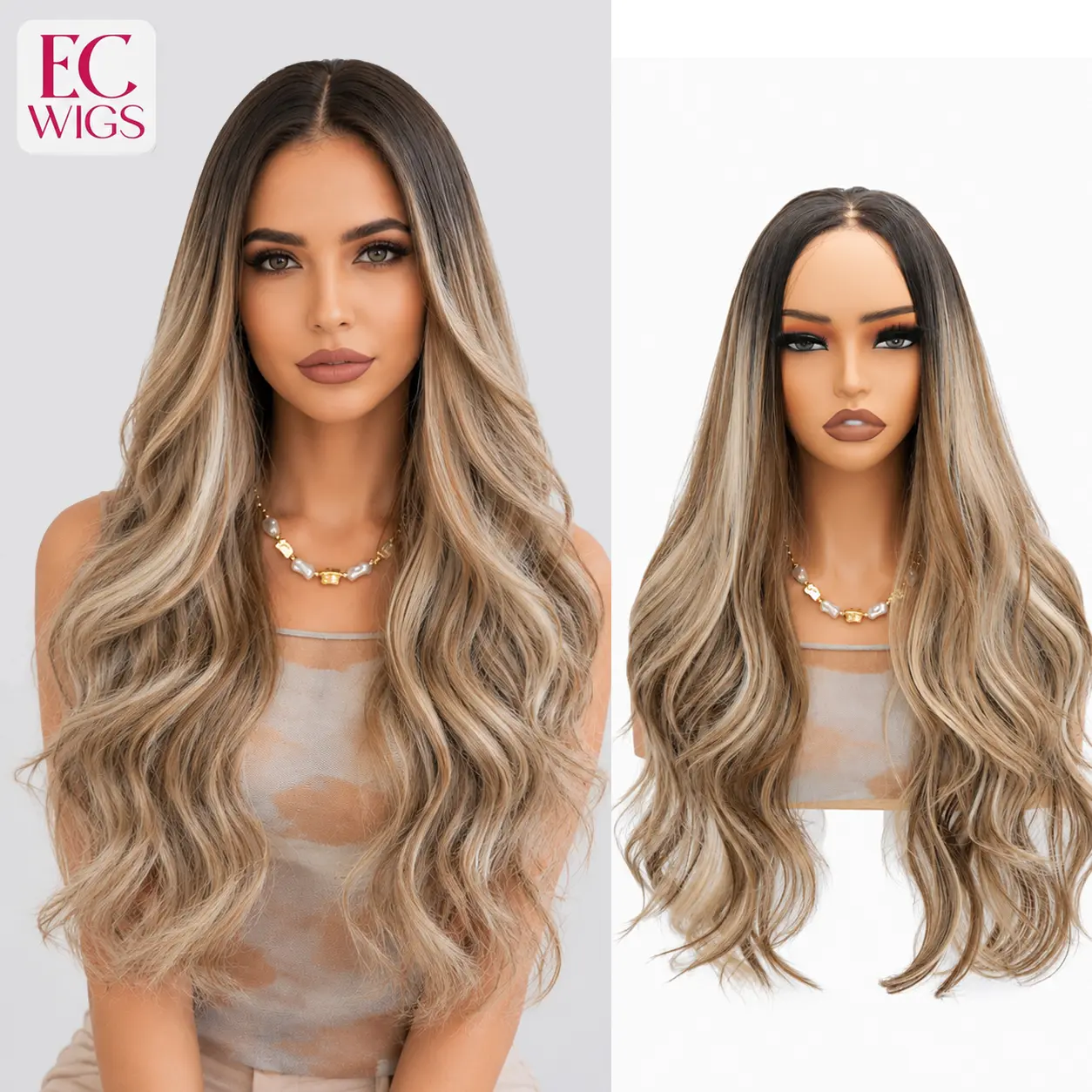 EC Wigs TERESA Lace Front Free Part 13*6 Hand Tied Top Wig Long Natural Wave Anti-slip Silicone Strips Glueless Synthetic Wig for Women Swiss Lace Wig Pre Plucked Wigs lace
