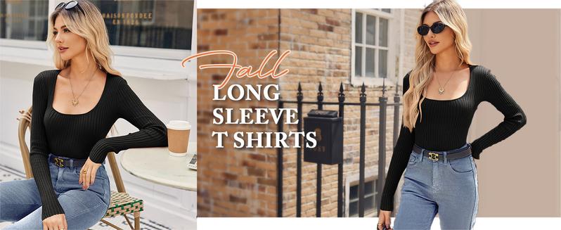 Women's Super Soft Stretchy Ribbed Knit Sweater Square Neck Long Sleeve Slim Fitted Tunic Top for Fall Winter Essential Casual Outfit