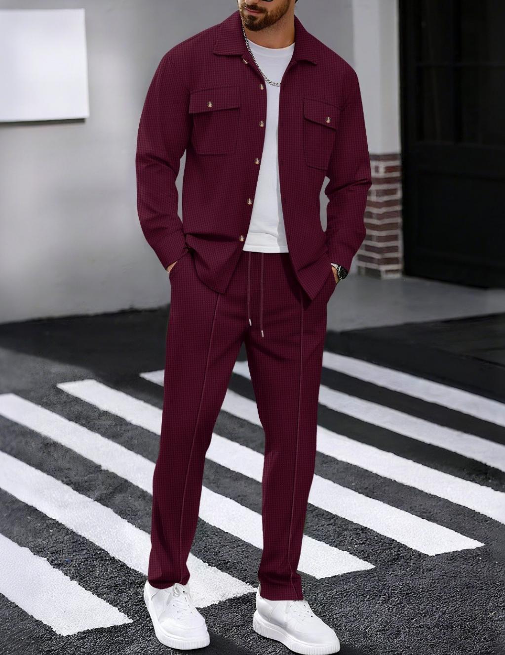 Autumn New Waffle Long Sleeved Pants Two-Piece Set Solid Color Double Pocket Button Up Cardigan Shirt Set for Men