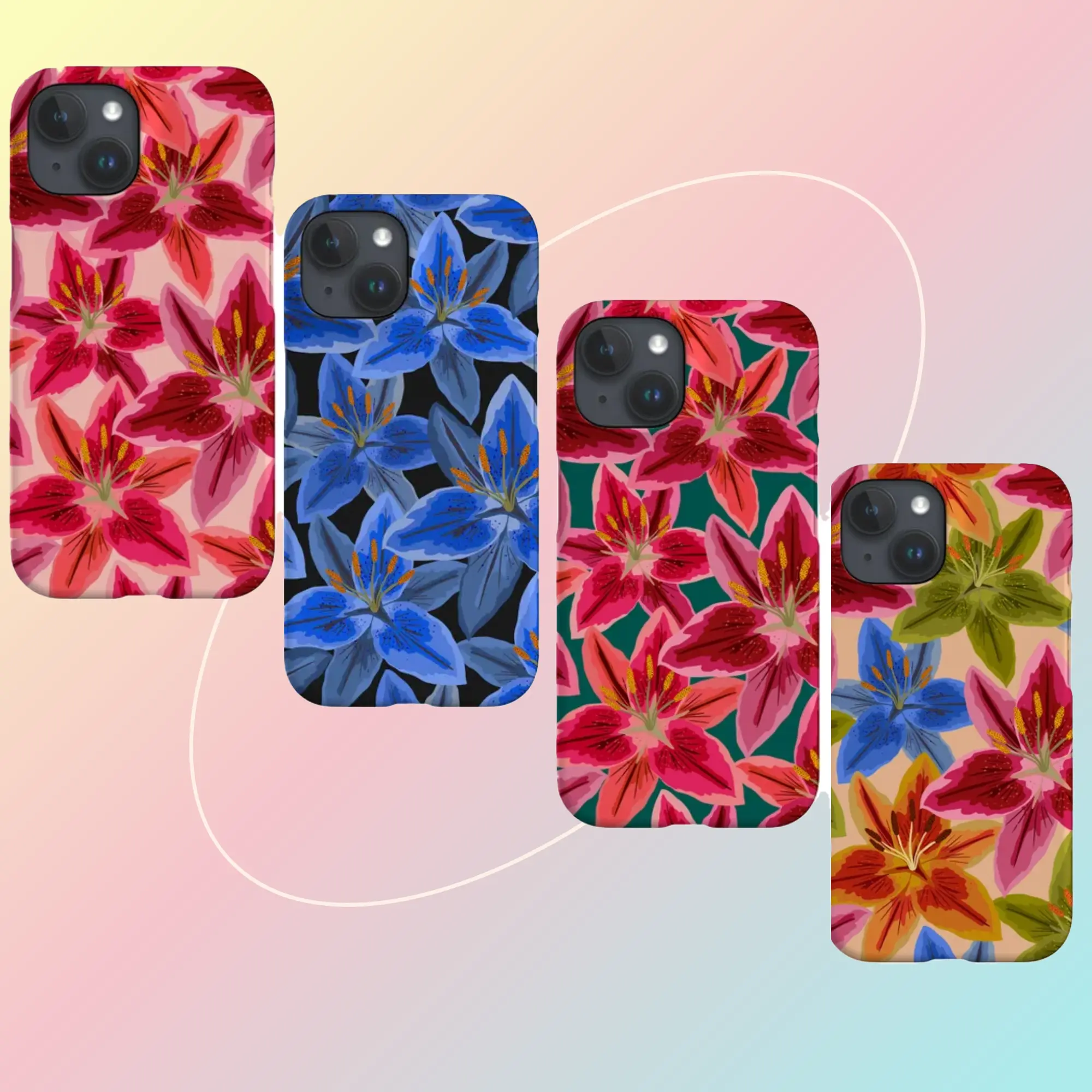 Lily Scatter Polycarbonate Protective Case for iPhone 16/15/14/13/12/11 Pro Plus, Thin Frame, Camera Protection, Cute Colorful Floral Durable Cover, Wireless-Friendly Mobile Phone Accessory, Gift for Her, Accessories