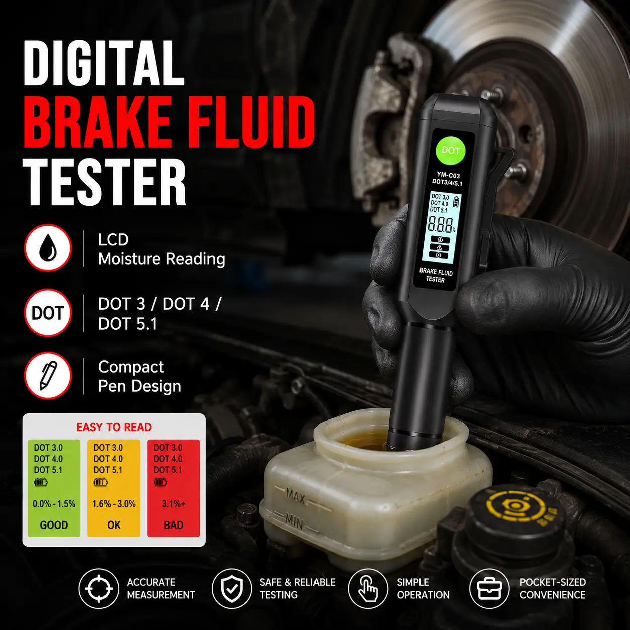YM-C03 Digital Brake Fluid Tester Pen for DOT 3, DOT 4 and DOT 5.1, LCD Moisture Percentage Detector with Metal Probe, AAA Battery Powered Tool for Cars, Trucks and Automotive Maintenance