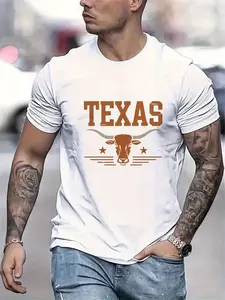 Men's Texas Longhorn Graphic T-Shirt - Texan State Pride Design with Bold LONGHORN Letters - Lightweight Summer Tee for Everyday & Special Occasions - Machine Washable Casual Shirt for BBQ, Parties, Everyday Outfits, Weekend Attire, Statement Top, Breatha