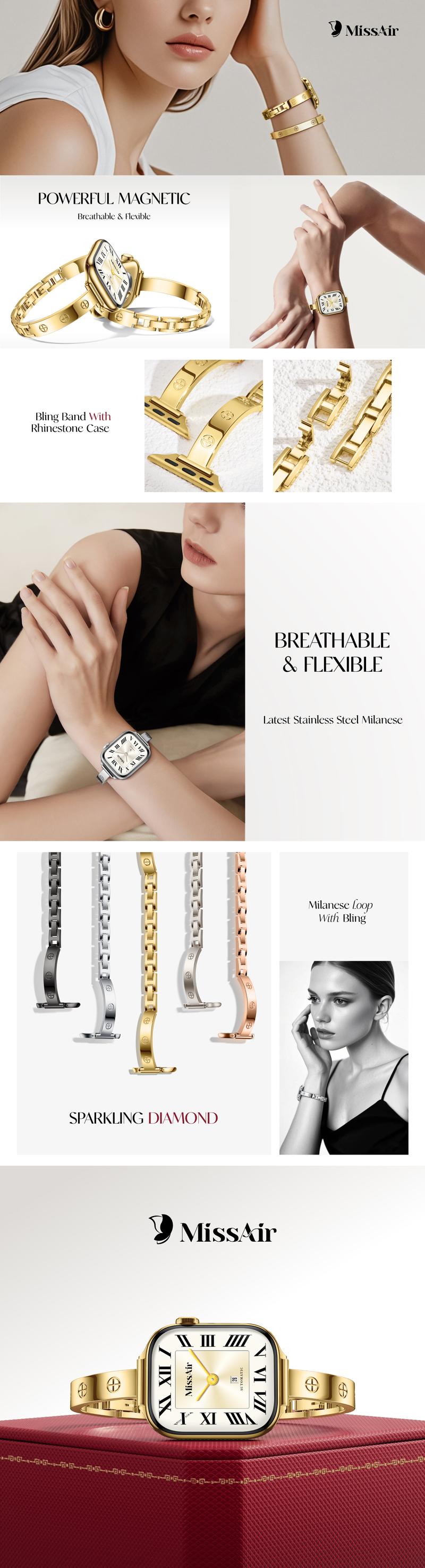 Missair 316L Stainless Steel Slim Crosslet Bracelet Band Compatible with Apple Watch 38/40/41/42/44/45/46/49mm, Women's Love Series Metal Straps Wearable Accessories