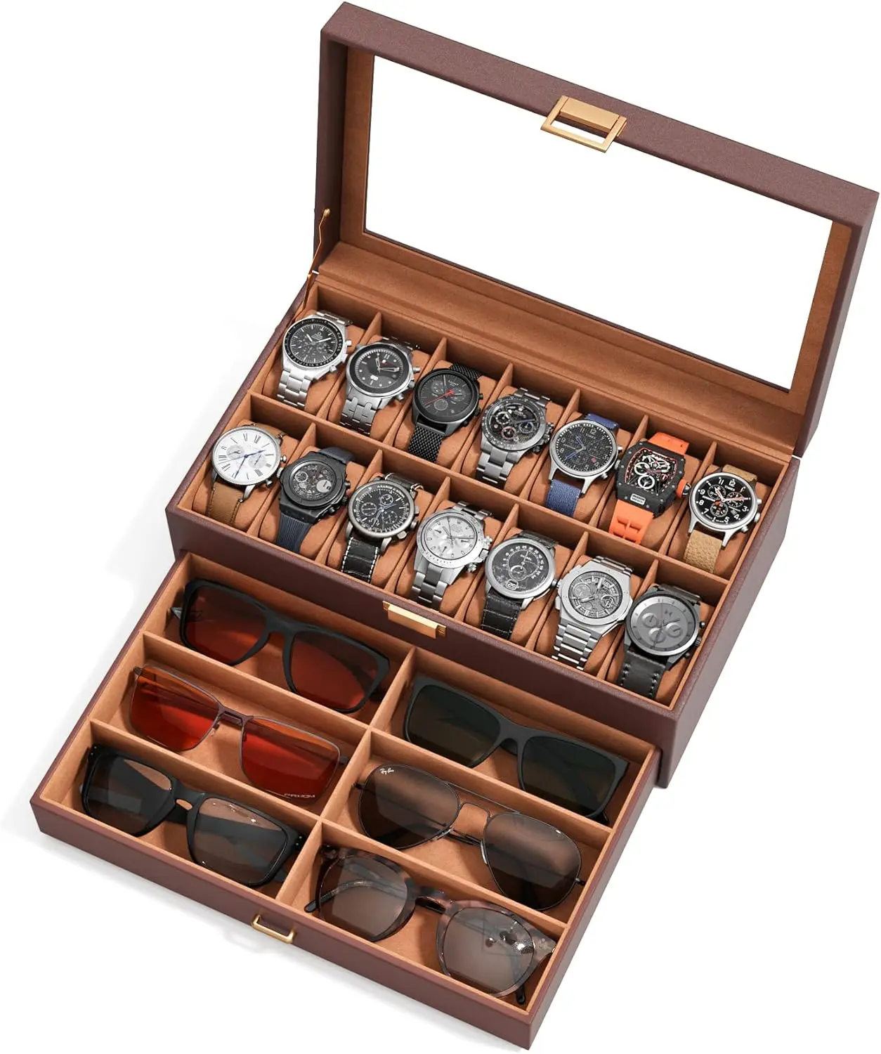 Watch Case Box for Men – 14 Slots Watch Display Organizer with 6-Compartment Eyeglasses Storage, Real Glass Lid 2-Layer PU Leather Collection Holder Gift for Loved Ones Brown