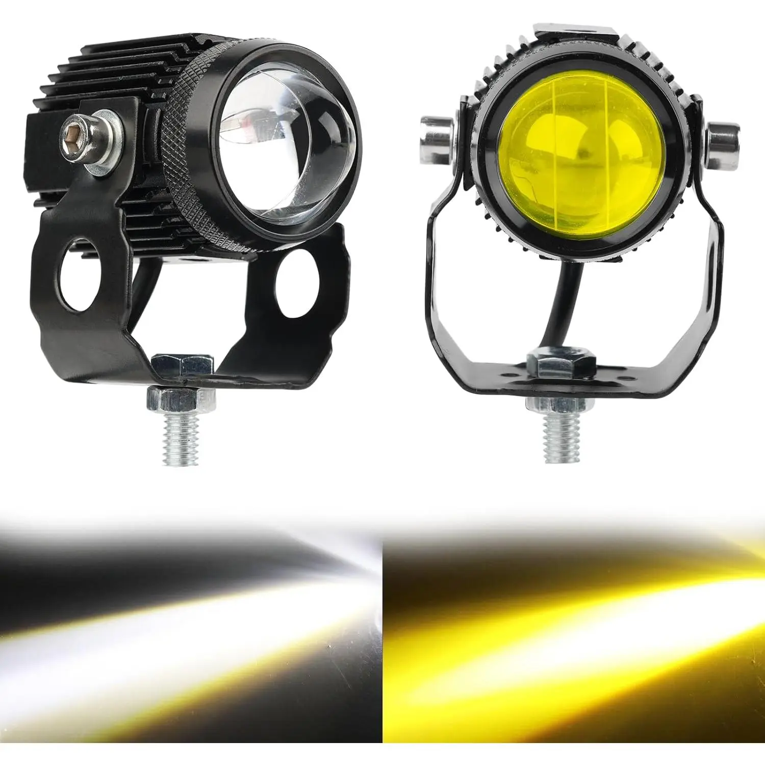 2PCS 60W Motorcycle LED Headlights - High/Low Dual Modes White & Amber Auxiliary Fog Lights, Aluminum Fan Cooling, High Lumen Headlight, Adjustable Mount, Double Focus Lens, Offroad Motorbike ATV LED Headlamp, Motorcycle Headlights