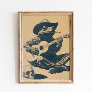 Cowboy Frog Playing Guitar | Western Frog Wall Art | Rustic Cowboy Frog | Funny Cowboy Frog | Vintage Western Frog Decor | Western Frog Art