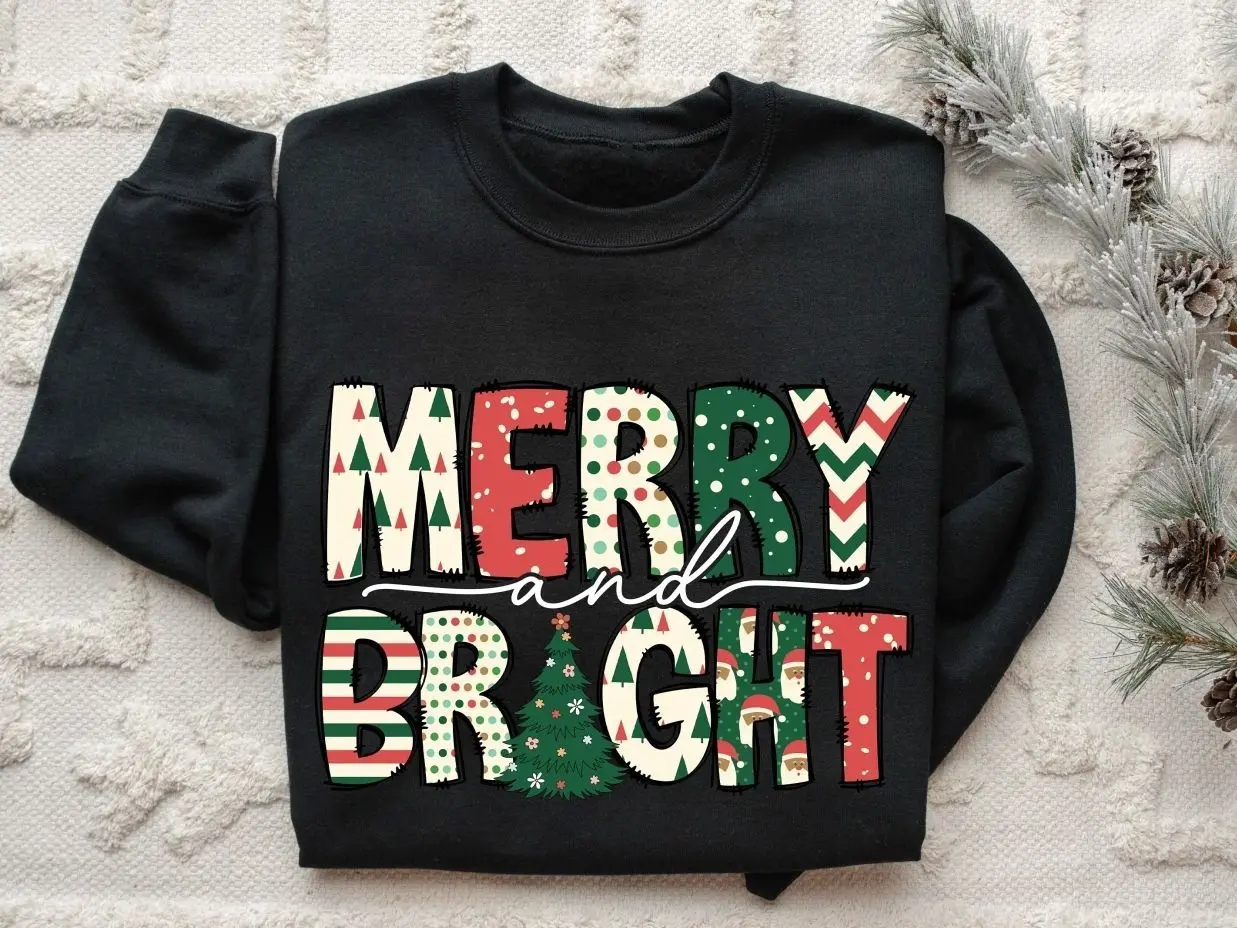 Merry and Bright Sweatshirt, Christmas Sweatshirt, Family Christmas Crewneck, Merry Christmas Sweatshirt for Women, Holiday Party Pullover, Cute Winter Graphic Sweater, Cozy Christmas Gift for Her, Aesthetic Xmas Apparel, Retro Holiday Tee