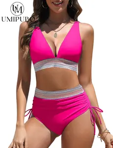 UMIPUBO Summer Women's Bikini Sets V Neck 2 Piece Swimsuits High Waisted Color Block Drawstring Bathing Suits Tummy Control Swimwear