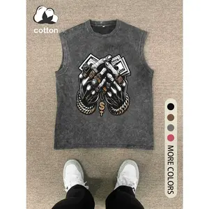 Retro Graphic Print Washed Tank Top, Regular Fit Round Neck Sleeveless Summer Shirt for Men