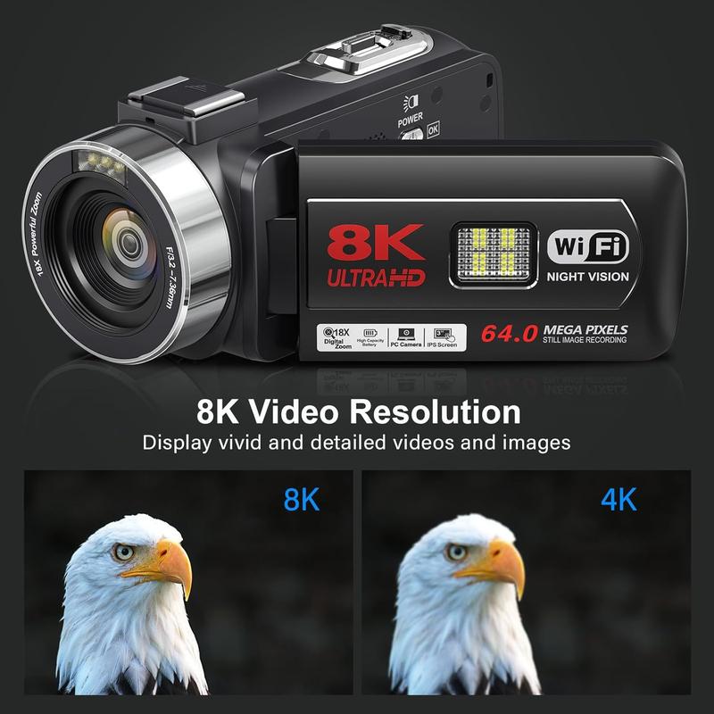 8K 64Mp Video Camera Camcorder | Ir Night Vision Vlogging Camera With 18X Zoom, Wifi, 3.0'' Touch Screen, 64Gb Sd Card, 2 Batteries, Remote Control, Mic, Stabilizer | Non, Auto Focus, Mp4 Format