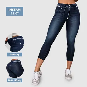Flamingals Wash Contrast Binding Double Button Drawstring Mid Waist Capri Jeans Fit Pants High Stretch Women's Bottoms Streetwear Style