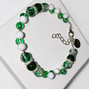 Saint Patrick’s Day Themed Wire Bracelet Handmade Green and White Adjustable with Chain