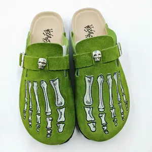 Skeleton Mule Slides - Gothic Punk Slip-On Shoes | Edgy Daily Style green  Casual Leather Men Clogs
