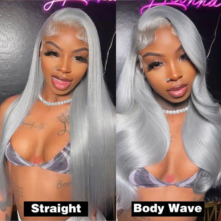 Bling Hair Sliver Grey Bone Straight Human Hair Lace Front Wigs 13x4 Transparent Lace Frontal Wigs Gray Straight Human Hair Wig Colored for Women Silvery Gray Wig Pre Plucked with Baby Hair Grey Straight Lace Front Wig