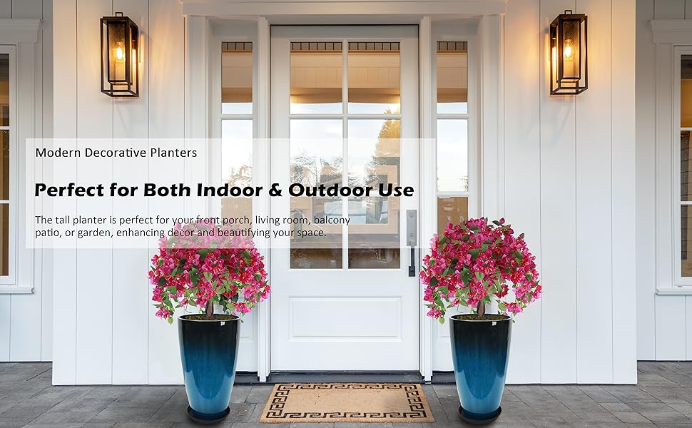 SUNNYGLADE 2Packs 21 inch Tall Planter, Indoor Outdoor Blue Glossy Round Planter for Porch, Large Flower Pot with Drainage Hole for Home Garden Front Door