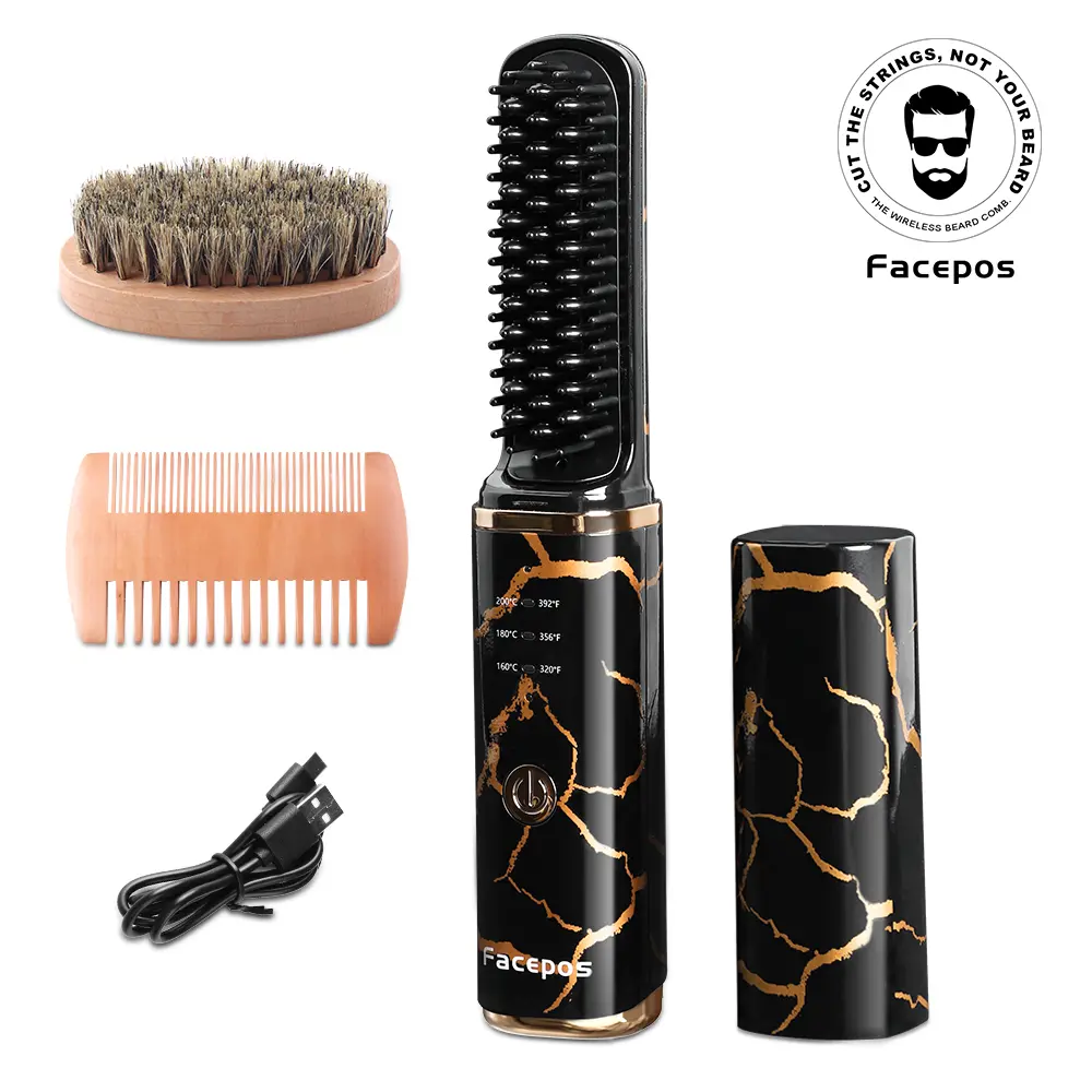 Wireless Electric Heated Beard Straightener for Men – Cordless Beard Brush Kit with Crackle Design, Wooden Comb & Boar Bristle Brush for Grooming & FACEPOS Beard brush beard comb for men