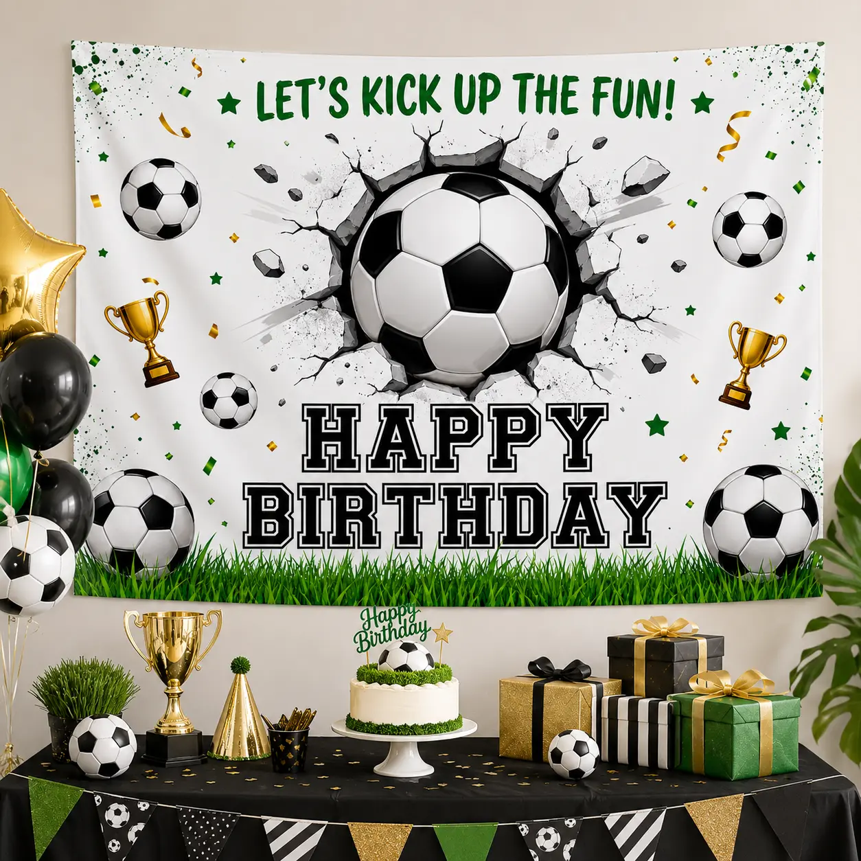Soccer Birthday Decorative Banner - Green Soccer Field Vibe Home Party Decorations, Trophy Photo Wall Backdrops, Football Themed Photo Booth Tapestry, Photo Backdrops